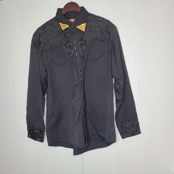 VTG Scully Men Western Snaps Button Shirt Size Medium Black Embroidered Floral - Picture 14 of 16